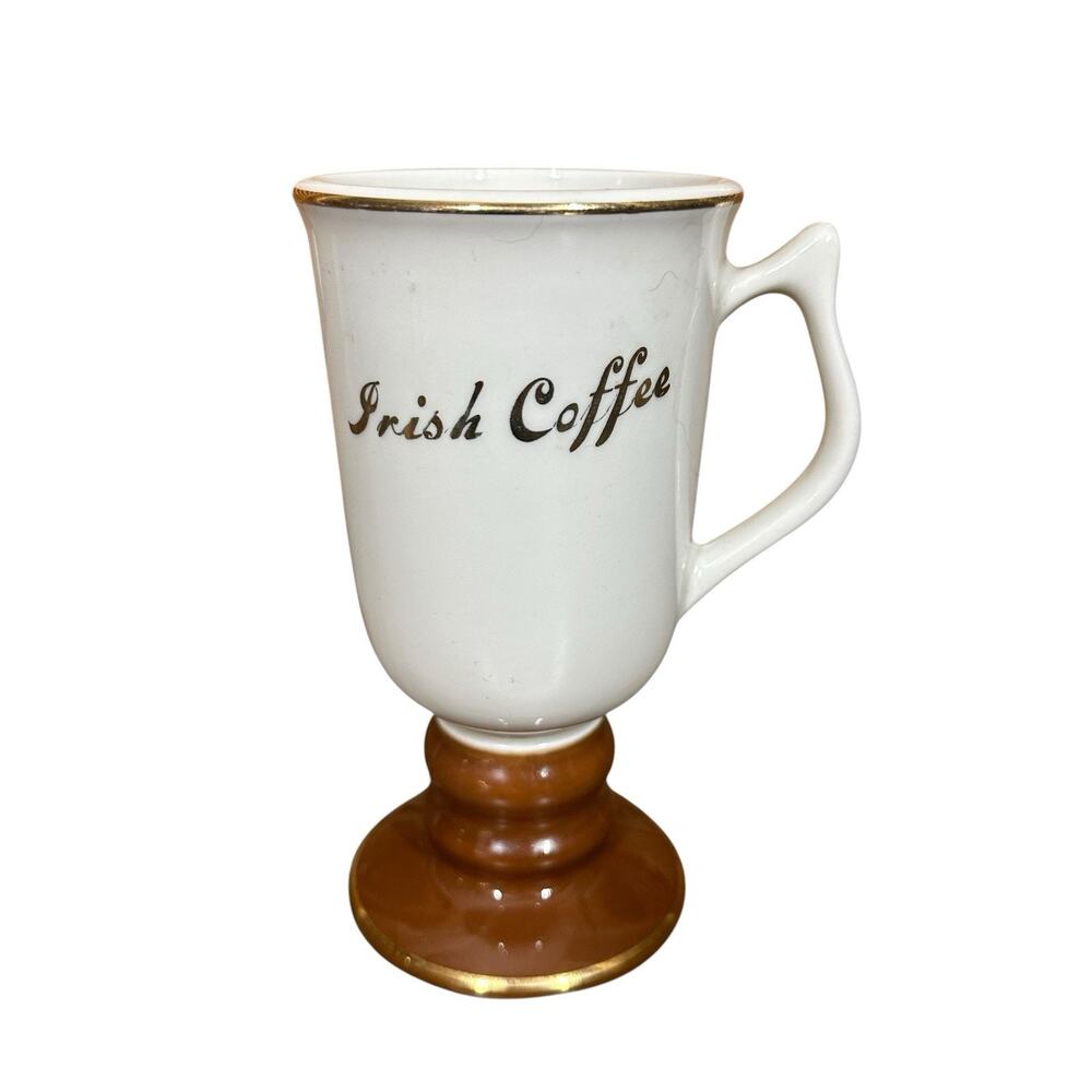 Vtg Hall Pottery Ivory Brown Gold Trim Irish Coffee Footed Pedestal Mug USA 1273